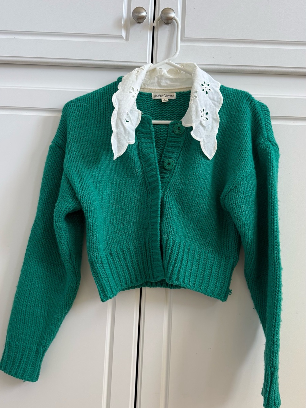 For Love & Lemons Emerald Green Cropped Knit Cardigan with White Eyelet Collar
